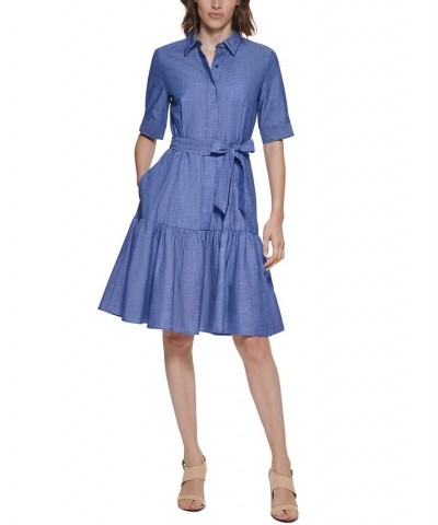 Women's Denim Belted Ruffled Shirtdress Dark Denim $43.20 Dresses