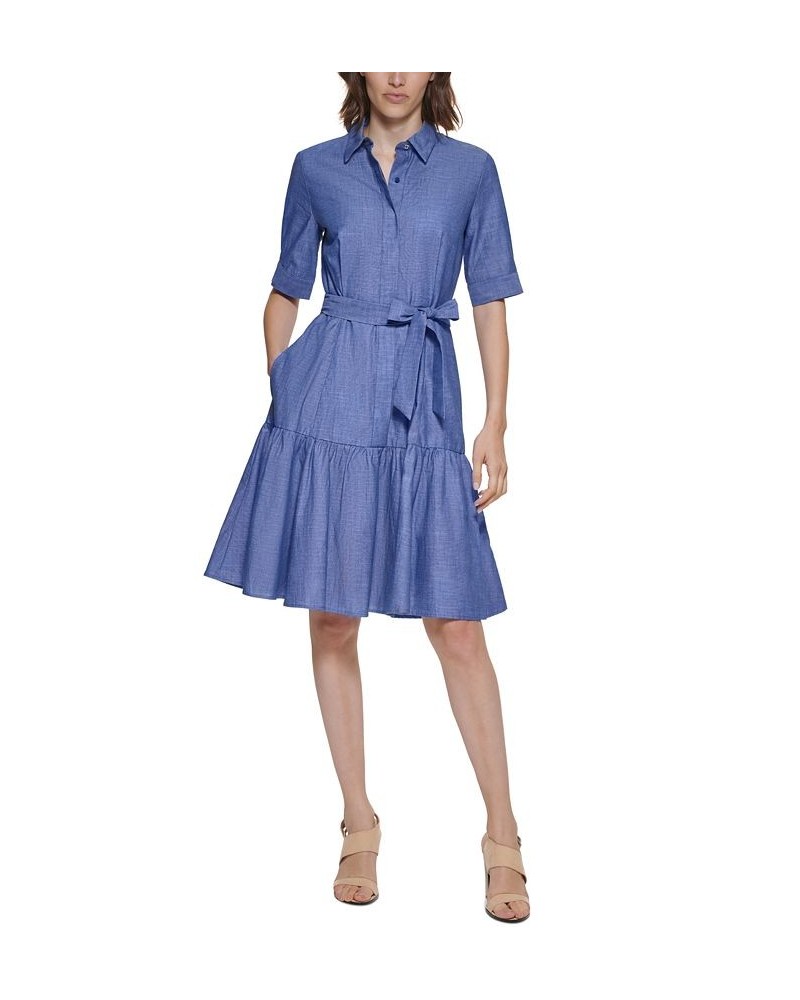 Women's Denim Belted Ruffled Shirtdress Dark Denim $43.20 Dresses