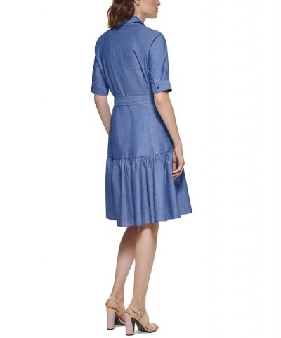 Women's Denim Belted Ruffled Shirtdress Dark Denim $43.20 Dresses