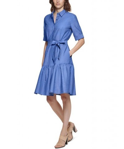 Women's Denim Belted Ruffled Shirtdress Dark Denim $43.20 Dresses