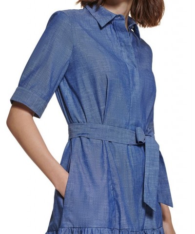 Women's Denim Belted Ruffled Shirtdress Dark Denim $43.20 Dresses