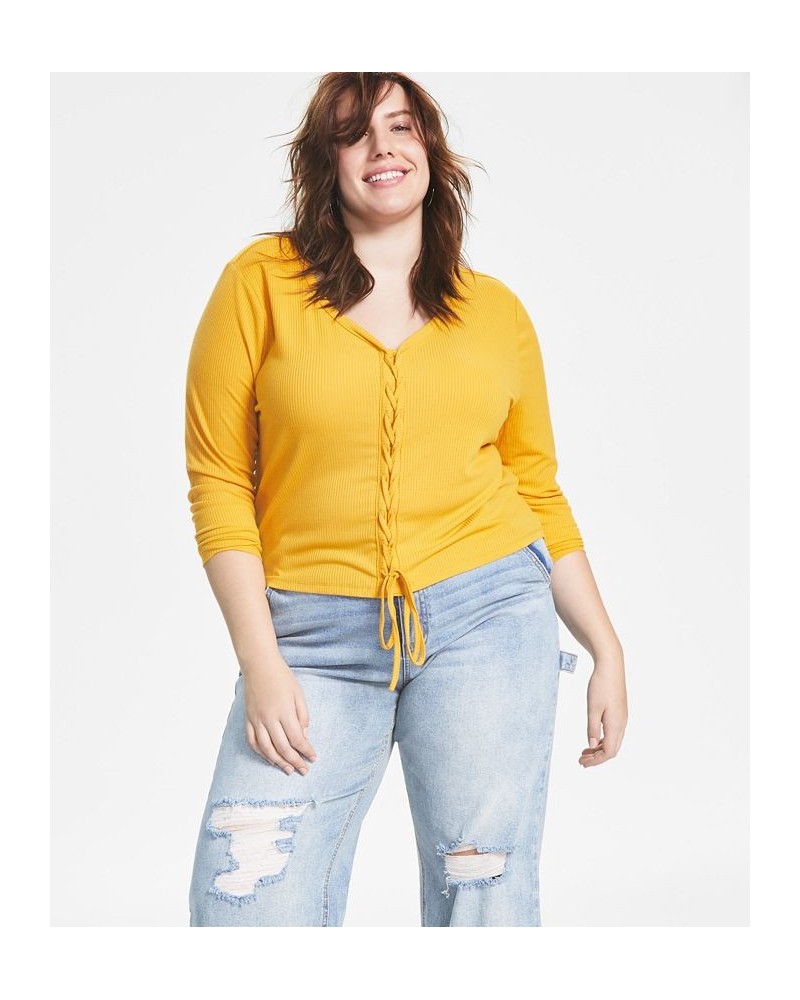 Trendy Plus Size Ribbed V-Neck Lace-Up Top Yellow $10.64 Tops