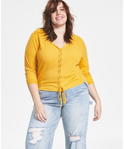 Trendy Plus Size Ribbed V-Neck Lace-Up Top Yellow $10.64 Tops