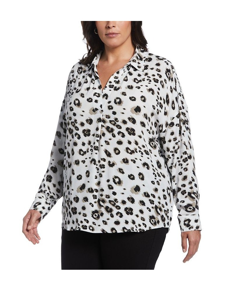 Plus Size Printed Crepe Popover Long Sleeve Blouse Illusion Blue $47.96 Tops