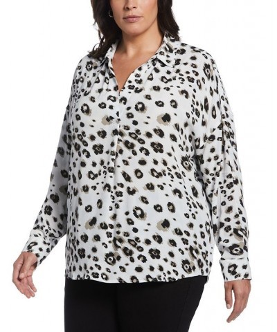 Plus Size Printed Crepe Popover Long Sleeve Blouse Illusion Blue $47.96 Tops