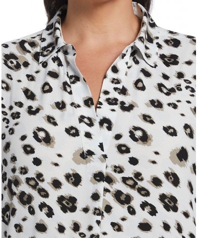 Plus Size Printed Crepe Popover Long Sleeve Blouse Illusion Blue $47.96 Tops