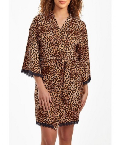 Women' s Chiya Robe with Self Tie Sash and Lace Trimed Hemlines Leopard $40.75 Sleepwear