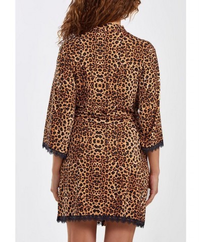 Women' s Chiya Robe with Self Tie Sash and Lace Trimed Hemlines Leopard $40.75 Sleepwear