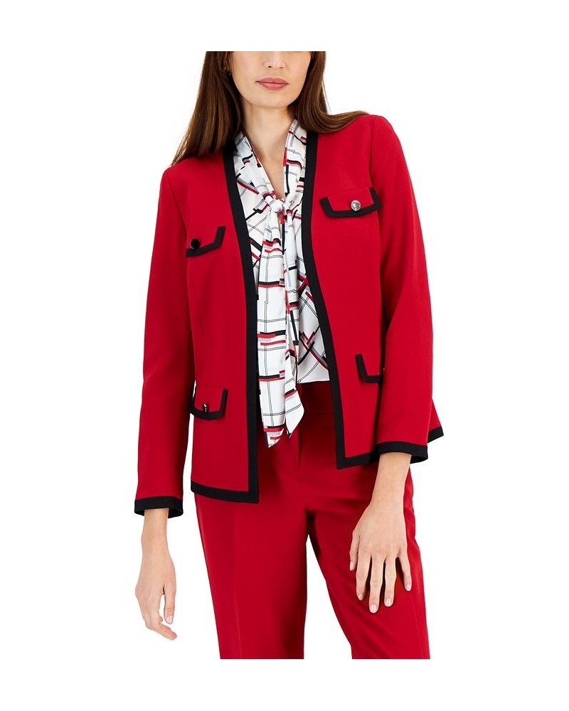 Women's Collarless Colorblocked Open-Front Blazer Fire Red/Black $41.95 Jackets