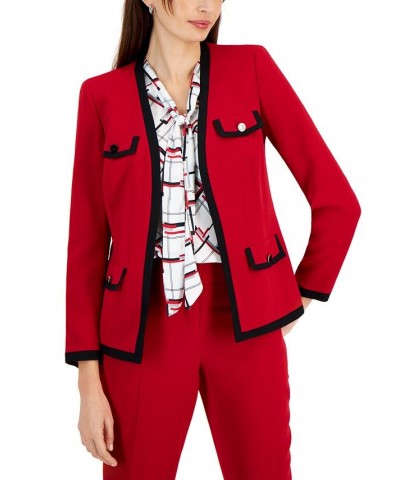 Women's Collarless Colorblocked Open-Front Blazer Fire Red/Black $41.95 Jackets