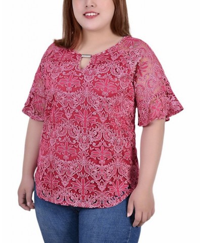 Plus Size Short Bell Sleeve Lace Blouse Pink $13.25 Tops