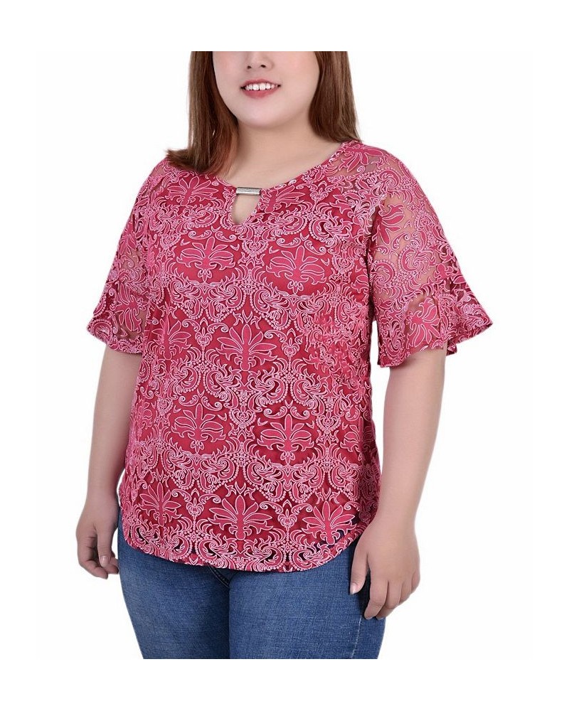 Plus Size Short Bell Sleeve Lace Blouse Pink $13.25 Tops