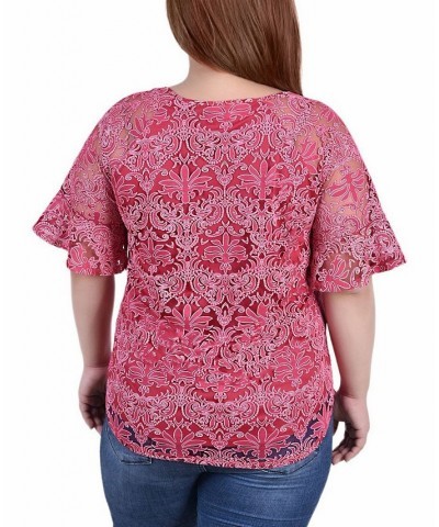 Plus Size Short Bell Sleeve Lace Blouse Pink $13.25 Tops