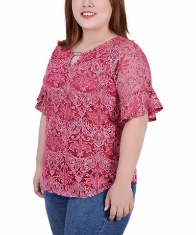 Plus Size Short Bell Sleeve Lace Blouse Pink $13.25 Tops