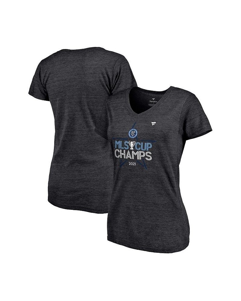 Women's New York City FC 2021 MLS Cup Champions Locker Room V-Neck T-shirt Heathered Charcoal $22.79 Tops