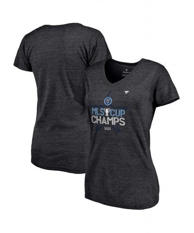 Women's New York City FC 2021 MLS Cup Champions Locker Room V-Neck T-shirt Heathered Charcoal $22.79 Tops