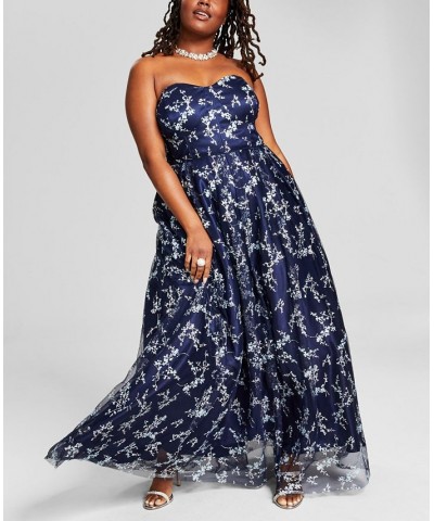 Trendy Plus Size Glitter-Mesh Sleeveless Ball Gown Navy/Periwinkle $112.71 Dresses