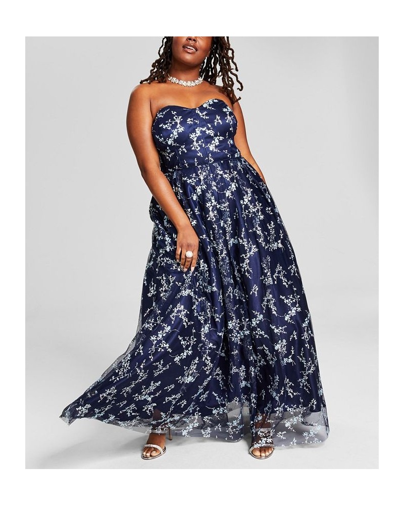 Trendy Plus Size Glitter-Mesh Sleeveless Ball Gown Navy/Periwinkle $112.71 Dresses