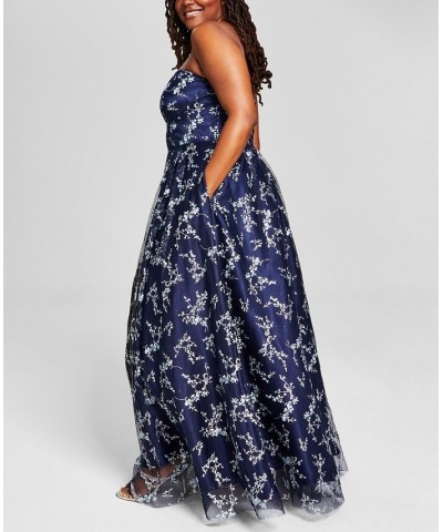 Trendy Plus Size Glitter-Mesh Sleeveless Ball Gown Navy/Periwinkle $112.71 Dresses