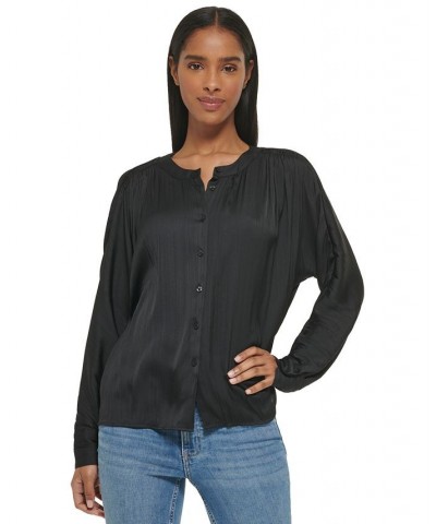 Women's Gathered Dolman-Sleeve Button-Front Blouse Black $49.75 Tops