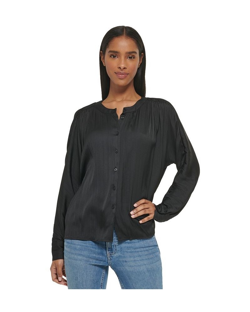 Women's Gathered Dolman-Sleeve Button-Front Blouse Black $49.75 Tops