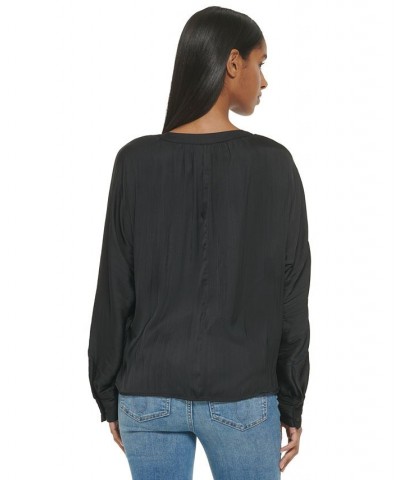 Women's Gathered Dolman-Sleeve Button-Front Blouse Black $49.75 Tops