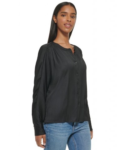 Women's Gathered Dolman-Sleeve Button-Front Blouse Black $49.75 Tops