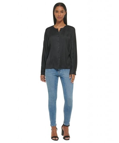 Women's Gathered Dolman-Sleeve Button-Front Blouse Black $49.75 Tops