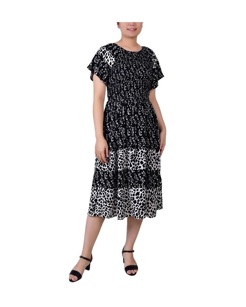 Petite Short Sleeve Smocked Combo Print Dress Black White Floral Animal $20.35 Dresses