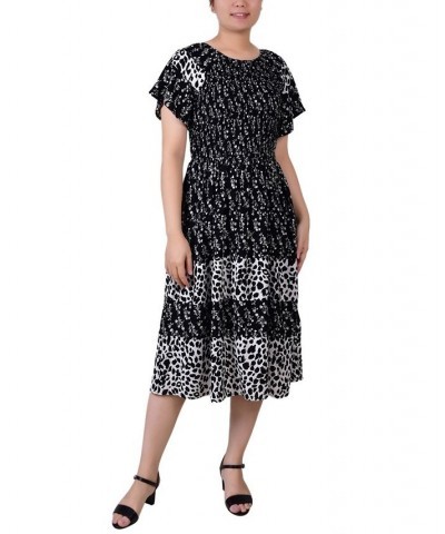 Petite Short Sleeve Smocked Combo Print Dress Black White Floral Animal $20.35 Dresses