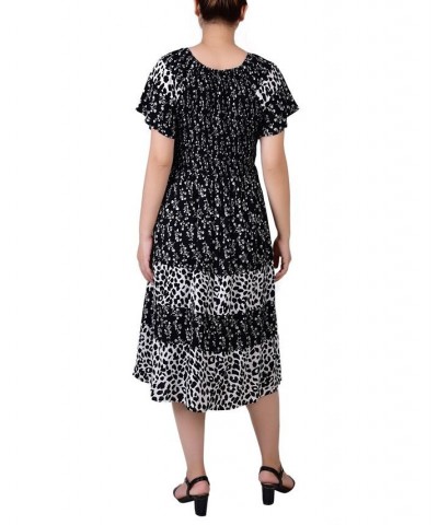 Petite Short Sleeve Smocked Combo Print Dress Black White Floral Animal $20.35 Dresses