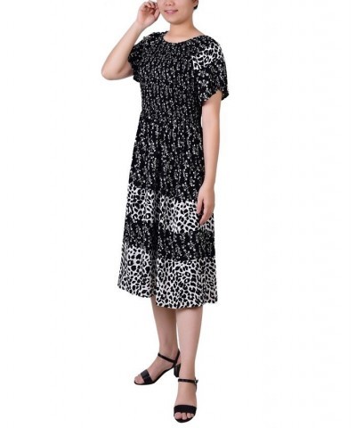 Petite Short Sleeve Smocked Combo Print Dress Black White Floral Animal $20.35 Dresses