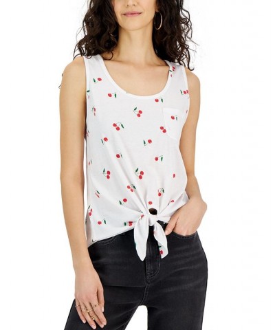 Juniors' Scoop-Neck Cheery Tie-Front Tank Top White Cherry $10.06 Tops