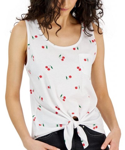 Juniors' Scoop-Neck Cheery Tie-Front Tank Top White Cherry $10.06 Tops