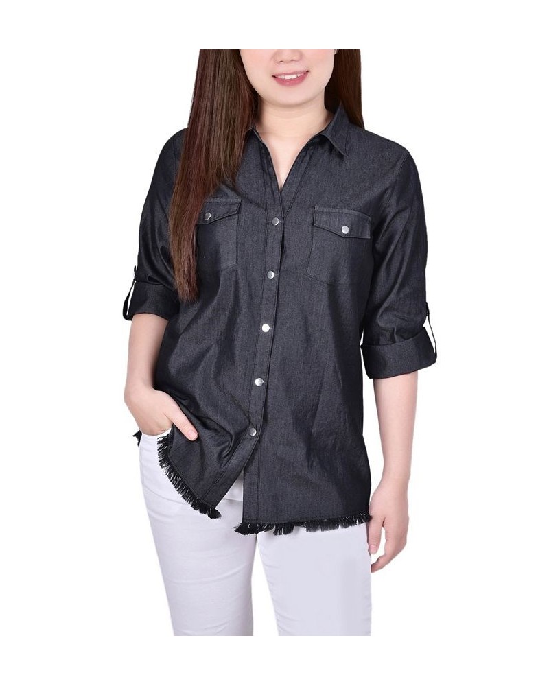 Petite Size 3/4 Roll Tab Chambray Blouse Black $15.04 Tops