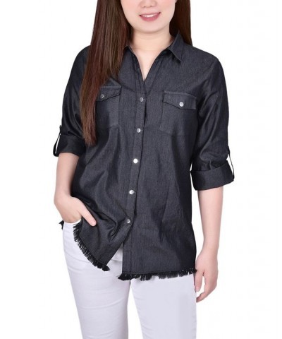 Petite Size 3/4 Roll Tab Chambray Blouse Black $15.04 Tops