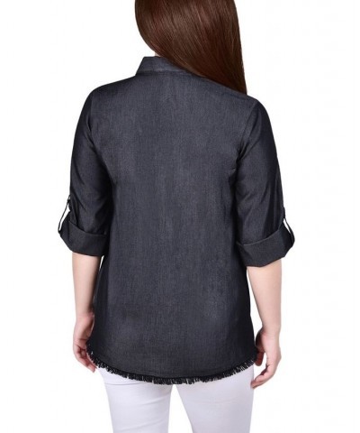 Petite Size 3/4 Roll Tab Chambray Blouse Black $15.04 Tops