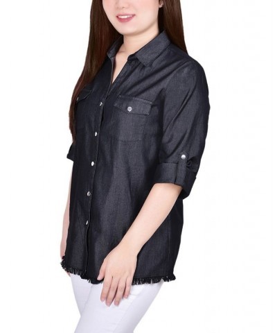 Petite Size 3/4 Roll Tab Chambray Blouse Black $15.04 Tops