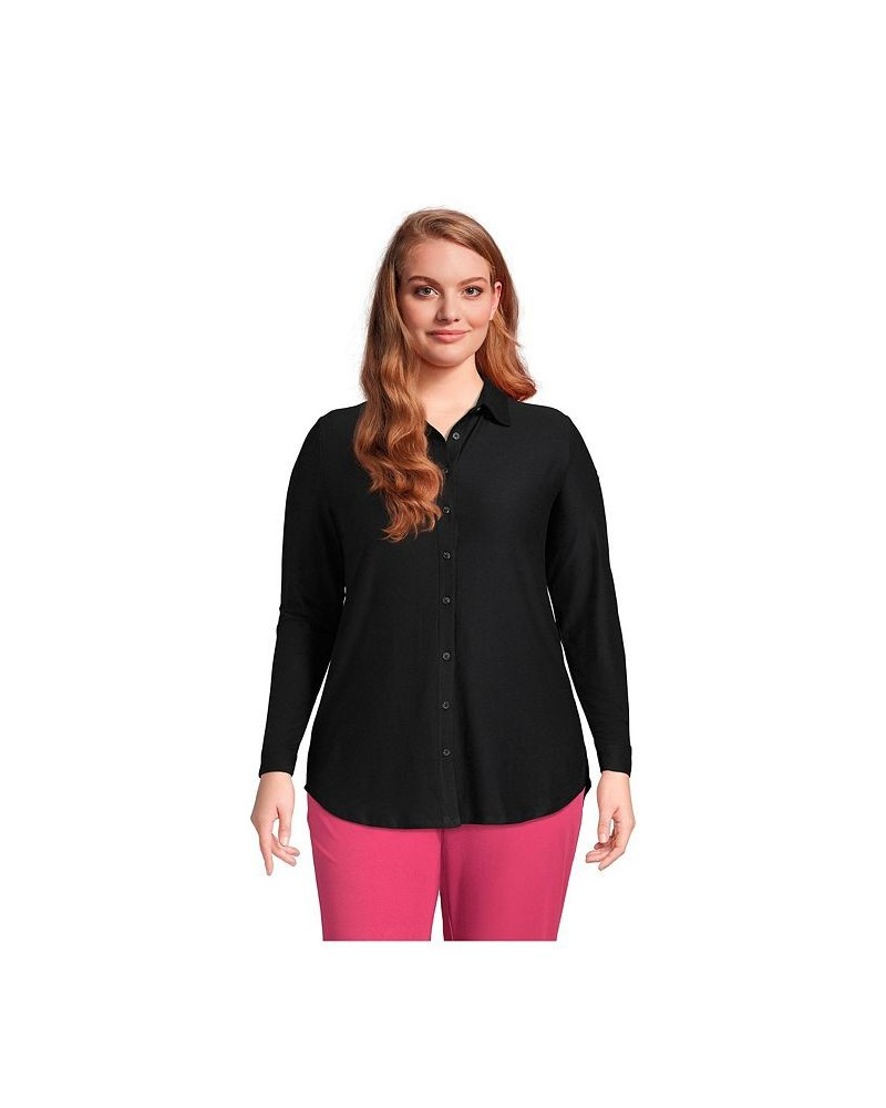 Women's Plus Size Long Sleeve Soft Performance Roll Tab Tunic Black $34.28 Tops