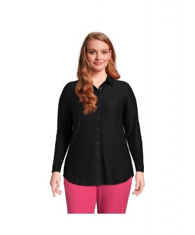 Women's Plus Size Long Sleeve Soft Performance Roll Tab Tunic Black $34.28 Tops