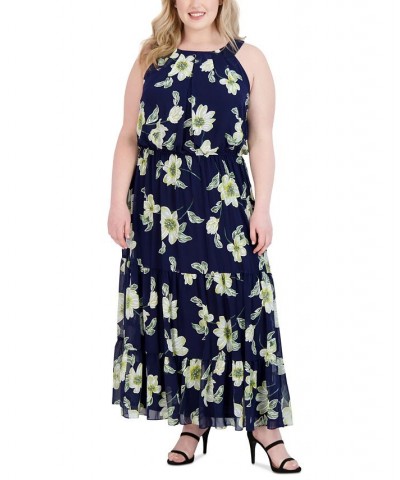 Plus Size Halter-Neck Chiffon Maxi Dress Navy/Yellow $47.52 Dresses