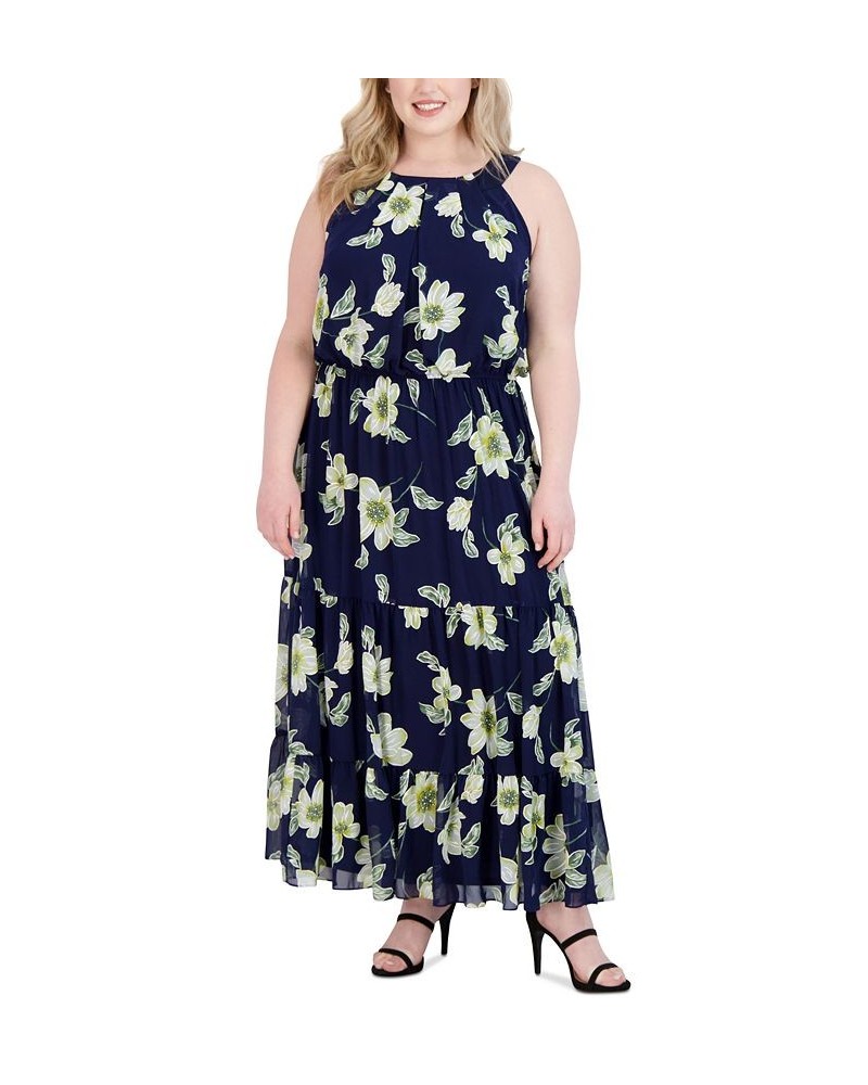 Plus Size Halter-Neck Chiffon Maxi Dress Navy/Yellow $47.52 Dresses