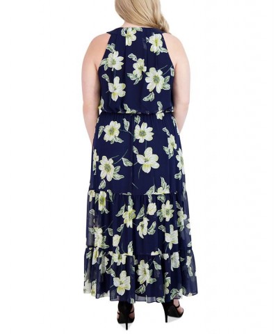 Plus Size Halter-Neck Chiffon Maxi Dress Navy/Yellow $47.52 Dresses