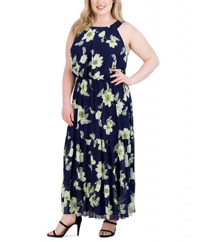 Plus Size Halter-Neck Chiffon Maxi Dress Navy/Yellow $47.52 Dresses