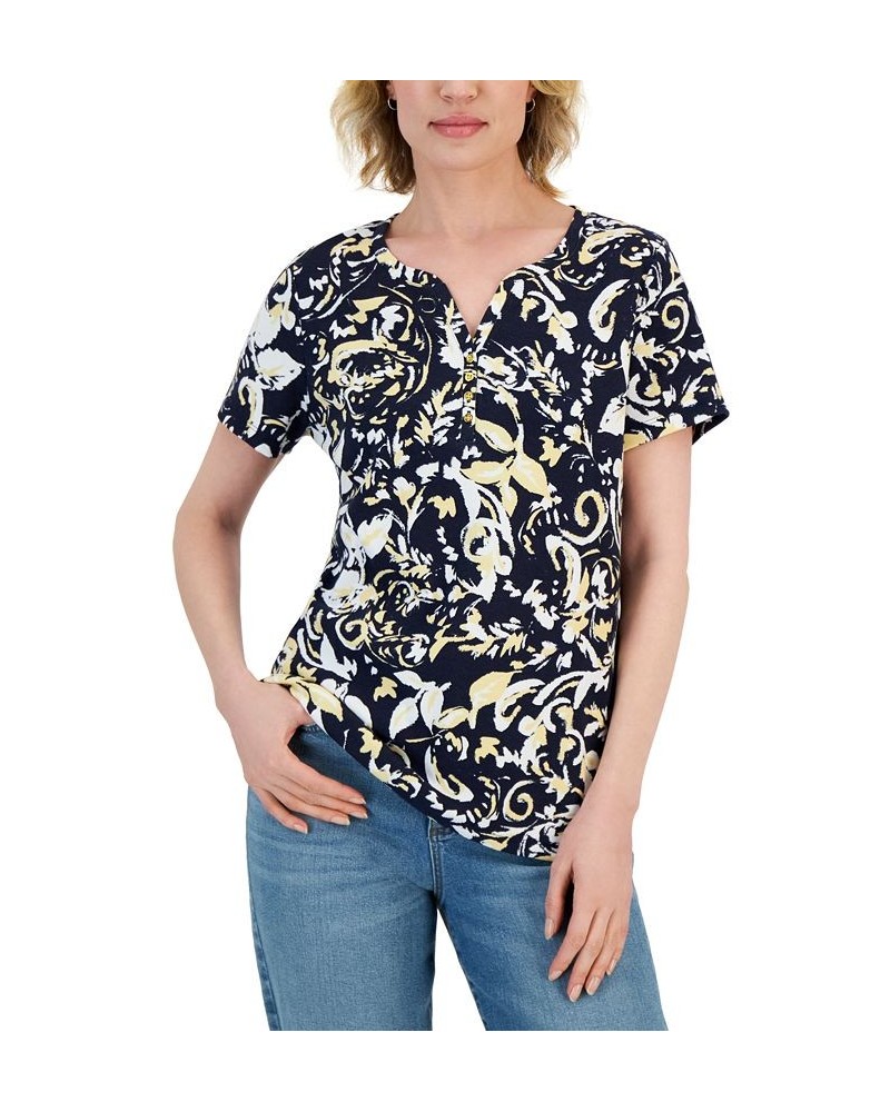 Petite Short-Sleeve Paisely Print Henley Top Intrepid Blue $10.06 Tops