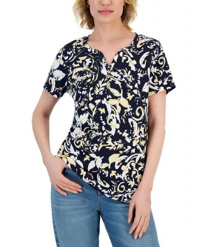 Petite Short-Sleeve Paisely Print Henley Top Intrepid Blue $10.06 Tops