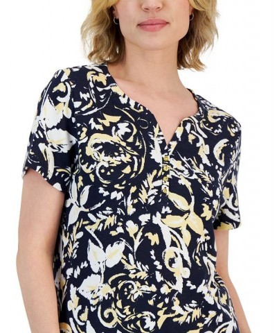 Petite Short-Sleeve Paisely Print Henley Top Intrepid Blue $10.06 Tops