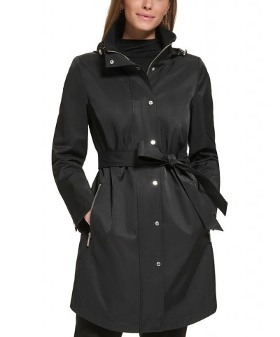 Women's Zip-Front Hooded Belted Raincoat Black $49.28 Coats