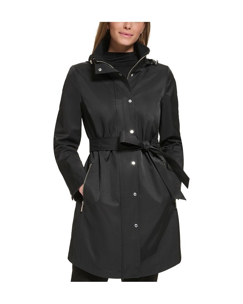 Women's Zip-Front Hooded Belted Raincoat Black $49.28 Coats