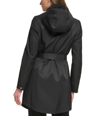 Women's Zip-Front Hooded Belted Raincoat Black $49.28 Coats